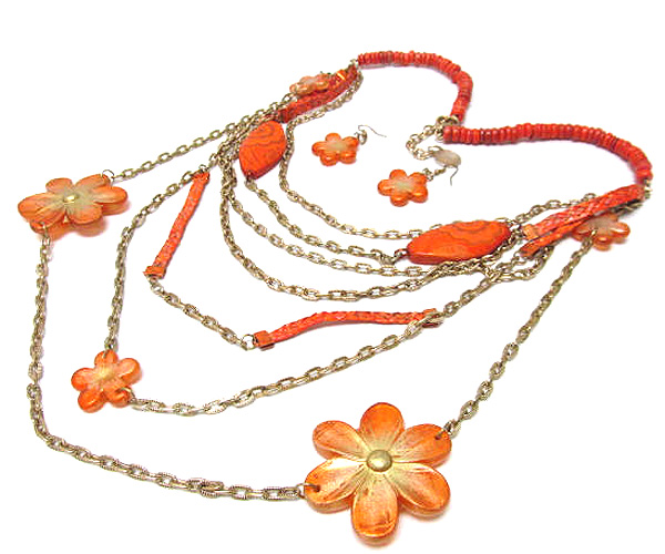 Multi layerd chain with wooden arrowhead and acryl flowers multi round wooden chain necklace earring set