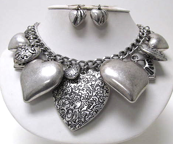 Multi metal filigree large fashion hearts with metal chain necklace earring set