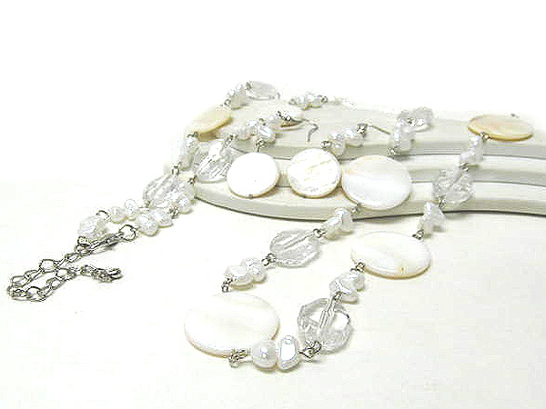 Multi round disk shell and natural pearl long chain necklace earring set