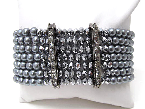 Multi pearl line with multi crystal glass stretch bracelet