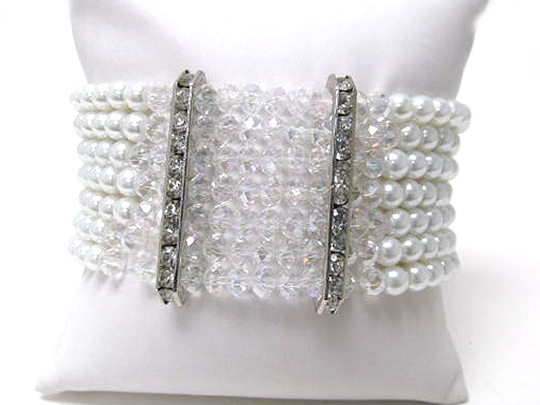 Multi pearl line with multi crystal glass stretch bracelet