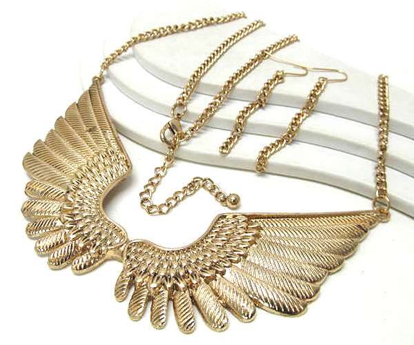 Metal large fashion wings drop with long chain necklace earring set