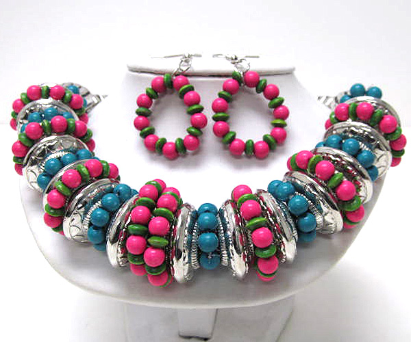 Crystal and multi mixed seed beads with metal rings necklace earring set