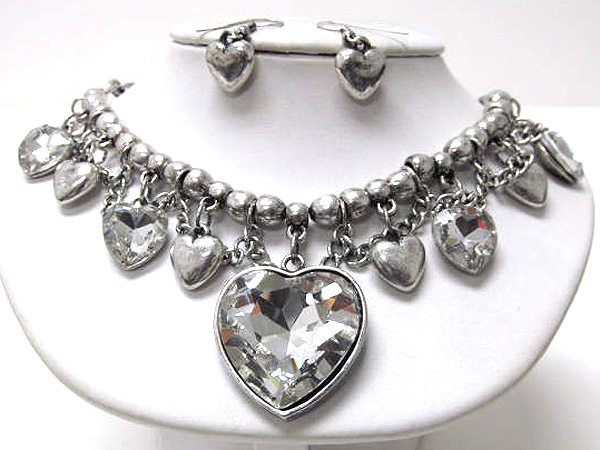 Facet glass hearts charm and multi metal balls  chain necklace earring set