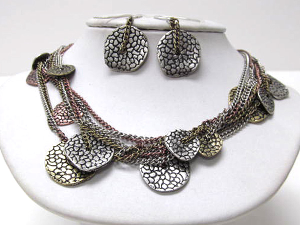 Multi pebble disk with multi chain necklace earring set