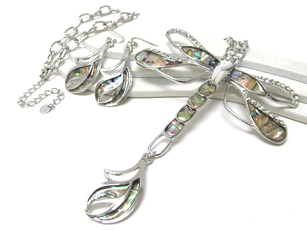 Crystal metal large fashion shell inside dragonfly long chain necklace earring set