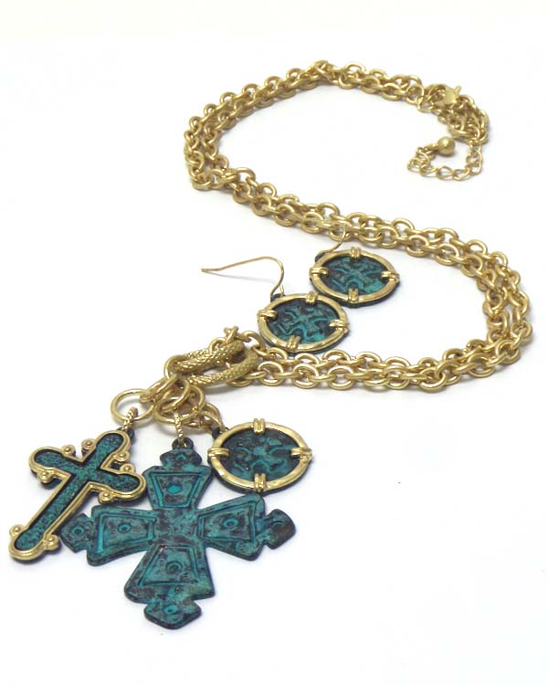 Patina cross charm necklace earring set