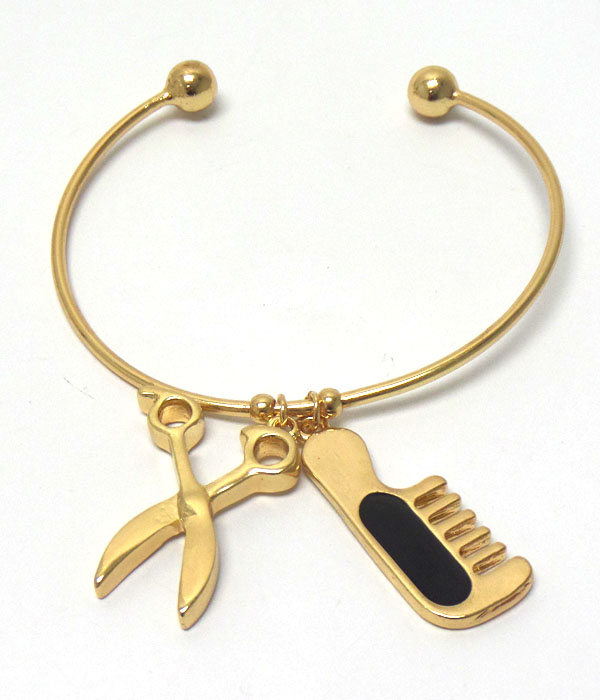 Scissor and comb charm wire bangle bracelet