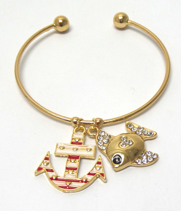 Crystal and epoxy anchor and fish charm wire bangle bracelet