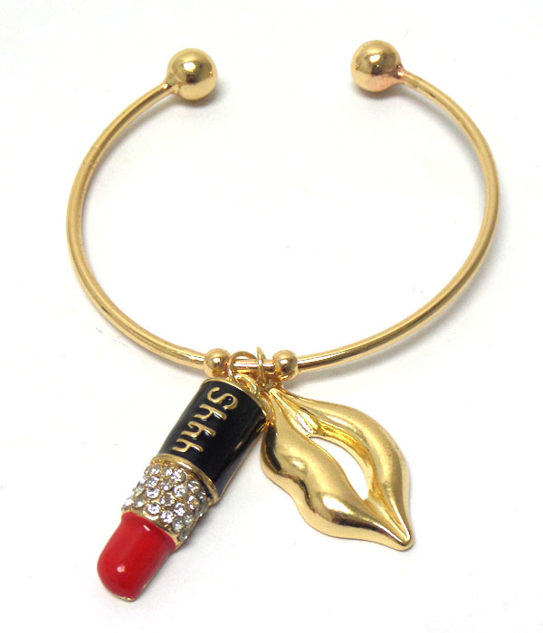 Crystal lipstick and lip charm wire bangle bracelet