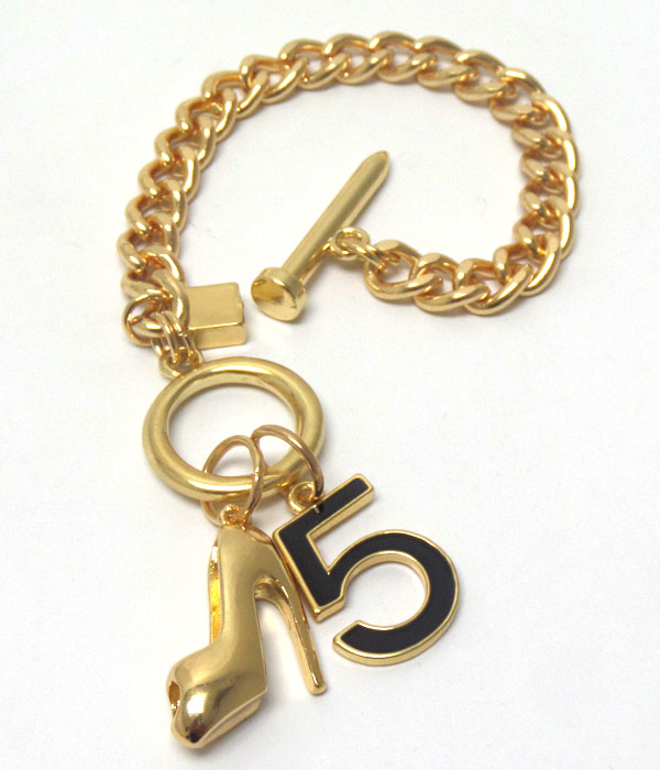 Shoe and number 5 charm chain toggle bracelet