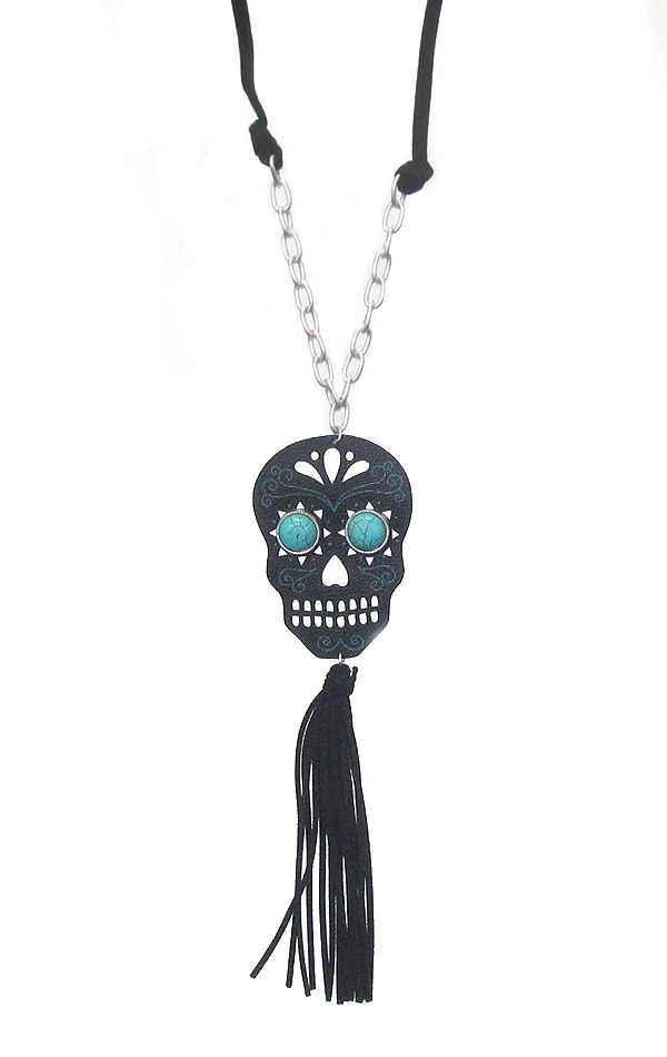 Leather skull and tassel long necklace