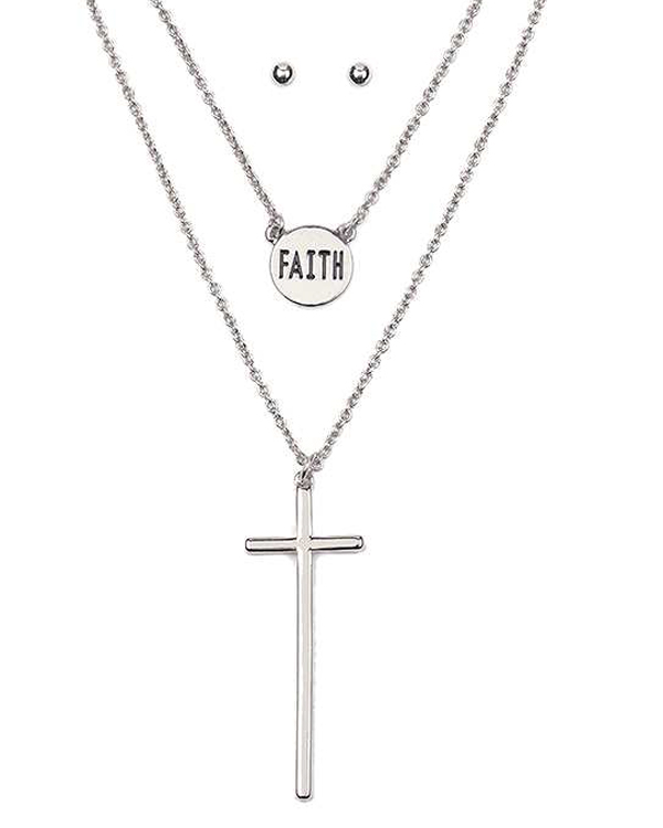 Simple cross and disk double layer necklace set - faith