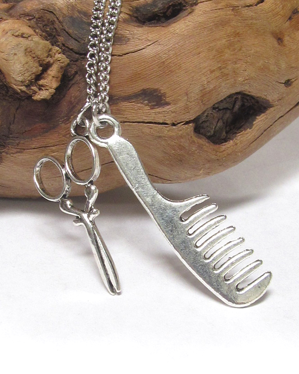Antique silver beautyshop theme cissors and comb pendant necklace