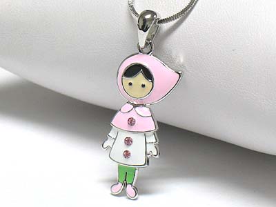 Whitegold palting crystal stud enamel cartoon character necklace -candle girl