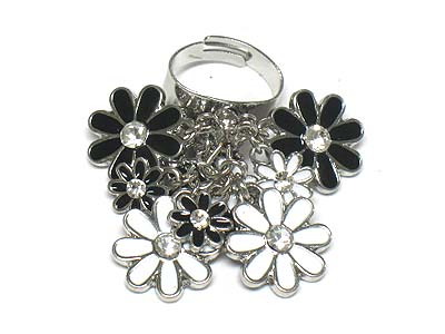 Crystal stud enamel flower cluster fashion ring - adjustable size