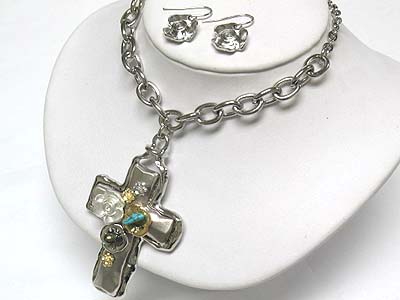 Natural chip stone deco metal cross pendant necklace and earring set