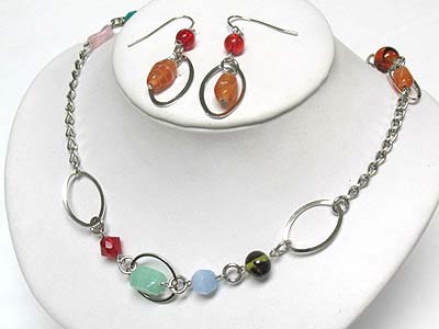 Natural stone and glass beads link long chain necklace and earring set