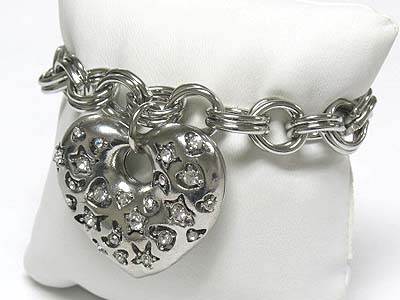 Crystal stud puffy heart charm dangle chain bracelet