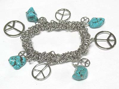 Turquoise stone and peace mark charm dangle stretch bracelet