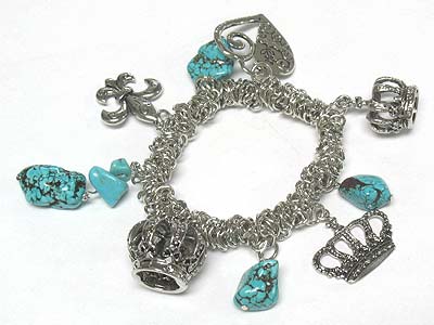 Turquoise stone and crown charm dangle stretch bracelet