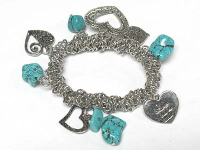 Turquoise stone and heart charm dangle stretch bracelet