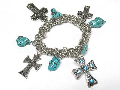 Turquoise stone and cross charm dangle stretch bracelet