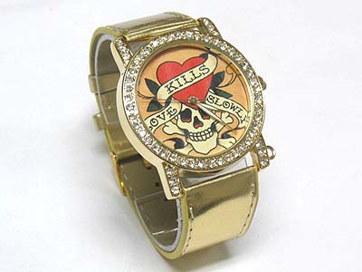 Skull theme crystal frame round face leather band watch