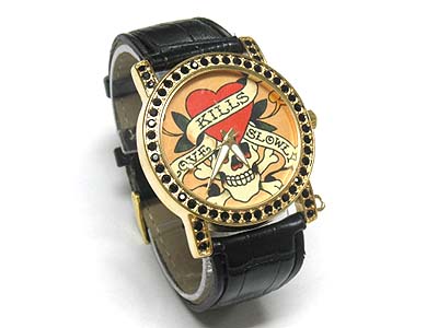 Skull theme crystal frame round face leather band watch