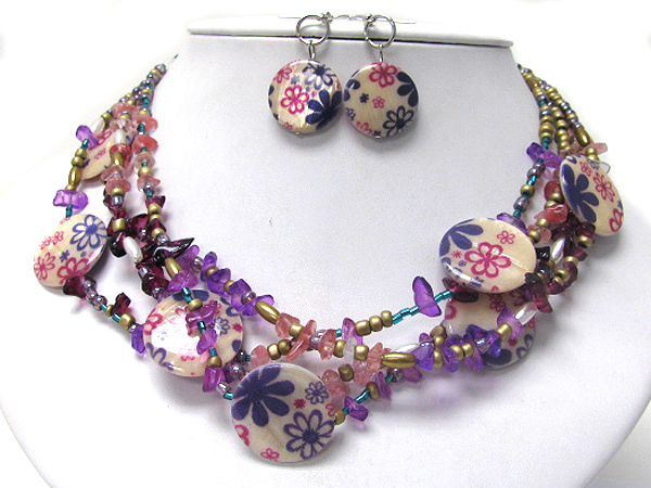 Three layer painted shell disk and chip stone necklace earring set