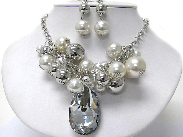 Large tear drop glass pendant and multi metal and pearl ball deco necklace earring set