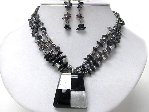 Murano glass square pendant and chip stone necklace earring set