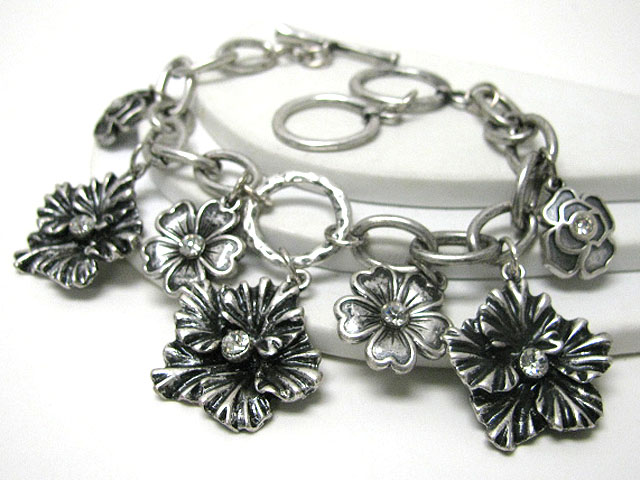 Crystal stud multi flower charm dangle chain bracelet