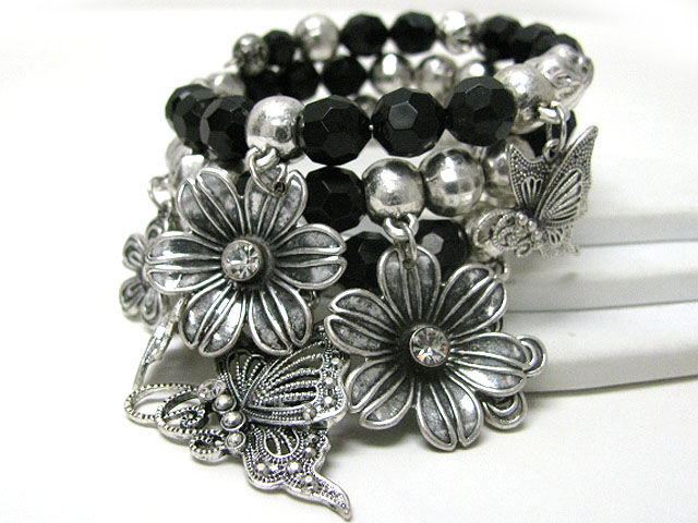 Crystal stud multi flower charm dangle glass and metal beads stretch bracelet