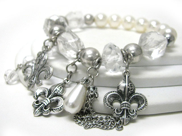 Multi fleur de lis charm dangle acryl beads stretch bracelet