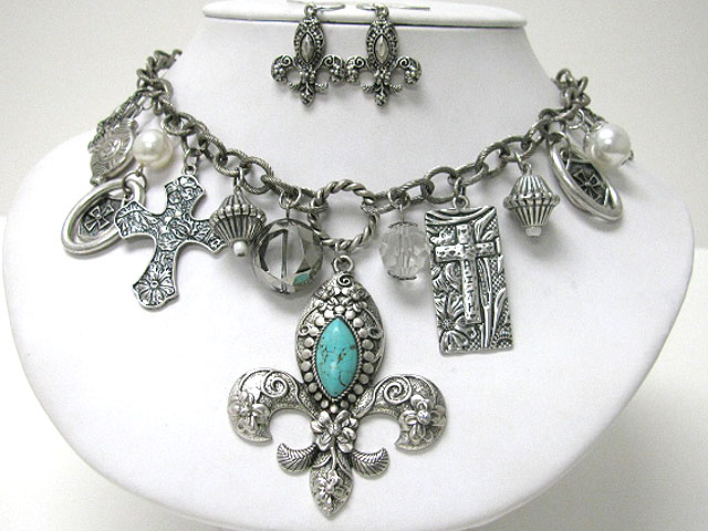 Turquoise deco fleur de lis and mixed charm dangle chain necklace earring set