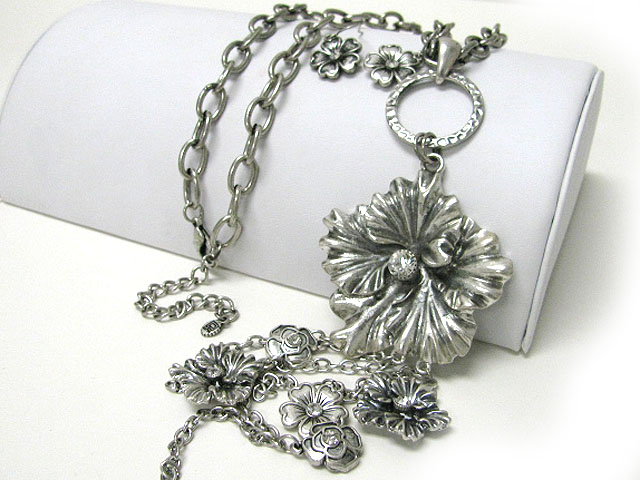 Crystal stud multi flower charm dangle long chain necklace earring set 