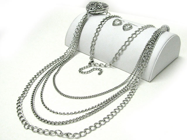 Heart accent multi row long metal chain necklace earring set