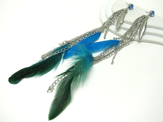 Ethnic style mixed feather long drop earring