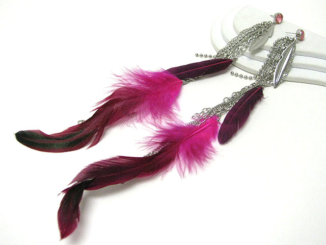 Ethnic style mixed feather long drop earring