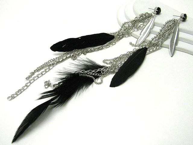 Ethnic style mixed feather long drop earring