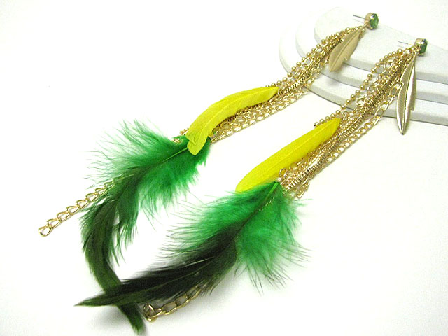 Ethnic style mixed feather long drop earring