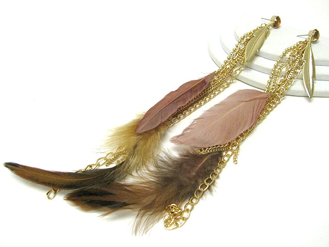 Ethnic style mixed feather long drop earring