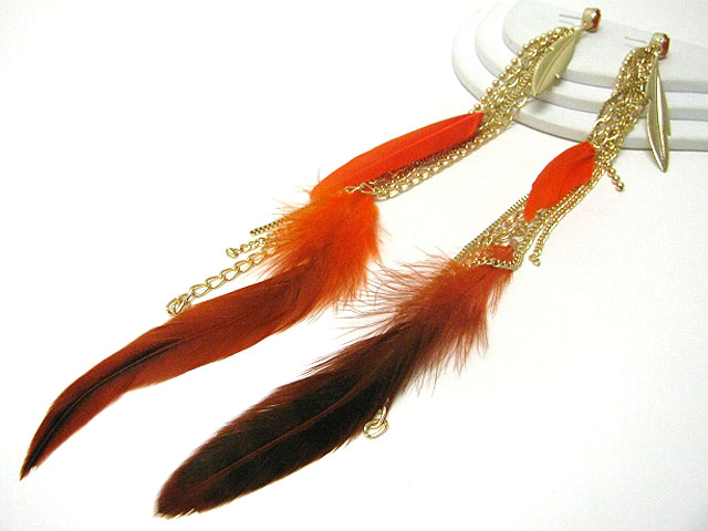 Ethnic style mixed feather long drop earring