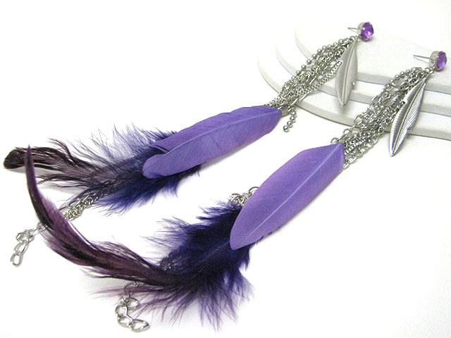 Ethnic style mixed feather long drop earring