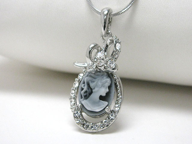 Made in korea whitegold plating crystal stud cameo pendant necklace 