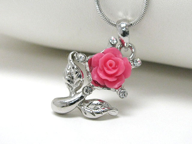 Made in korea whitegold plating crystal stud acryl rose flower pendant necklace