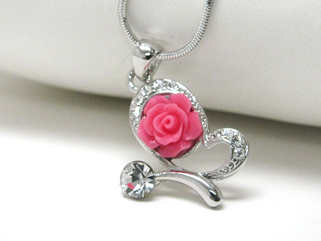 Made in korea whitegold plating crystal stud acryl rose butterfly pendant necklace