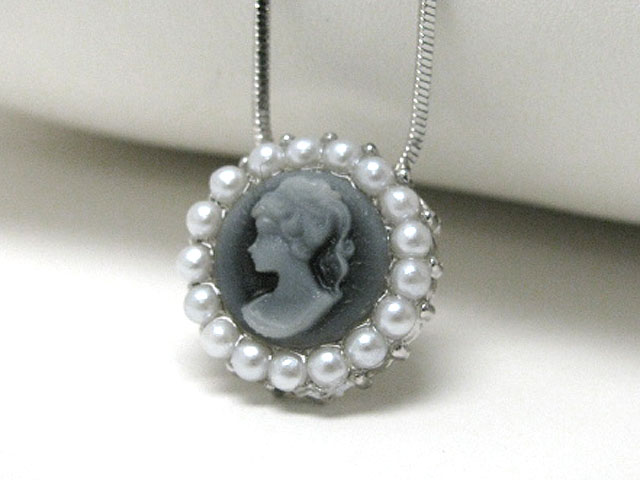 Made in korea whitegold plating pearl stud cameo pendant necklace 