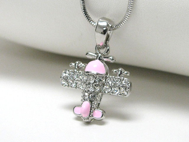 Made in korea whitegold plating crystal stud airplane pendant necklace